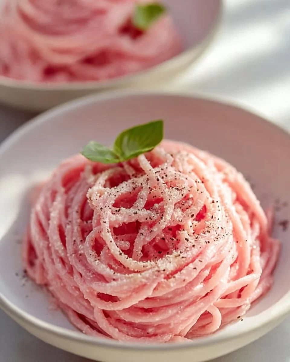 Bowl of creamy vegan pink pasta made with plant-based ingredients