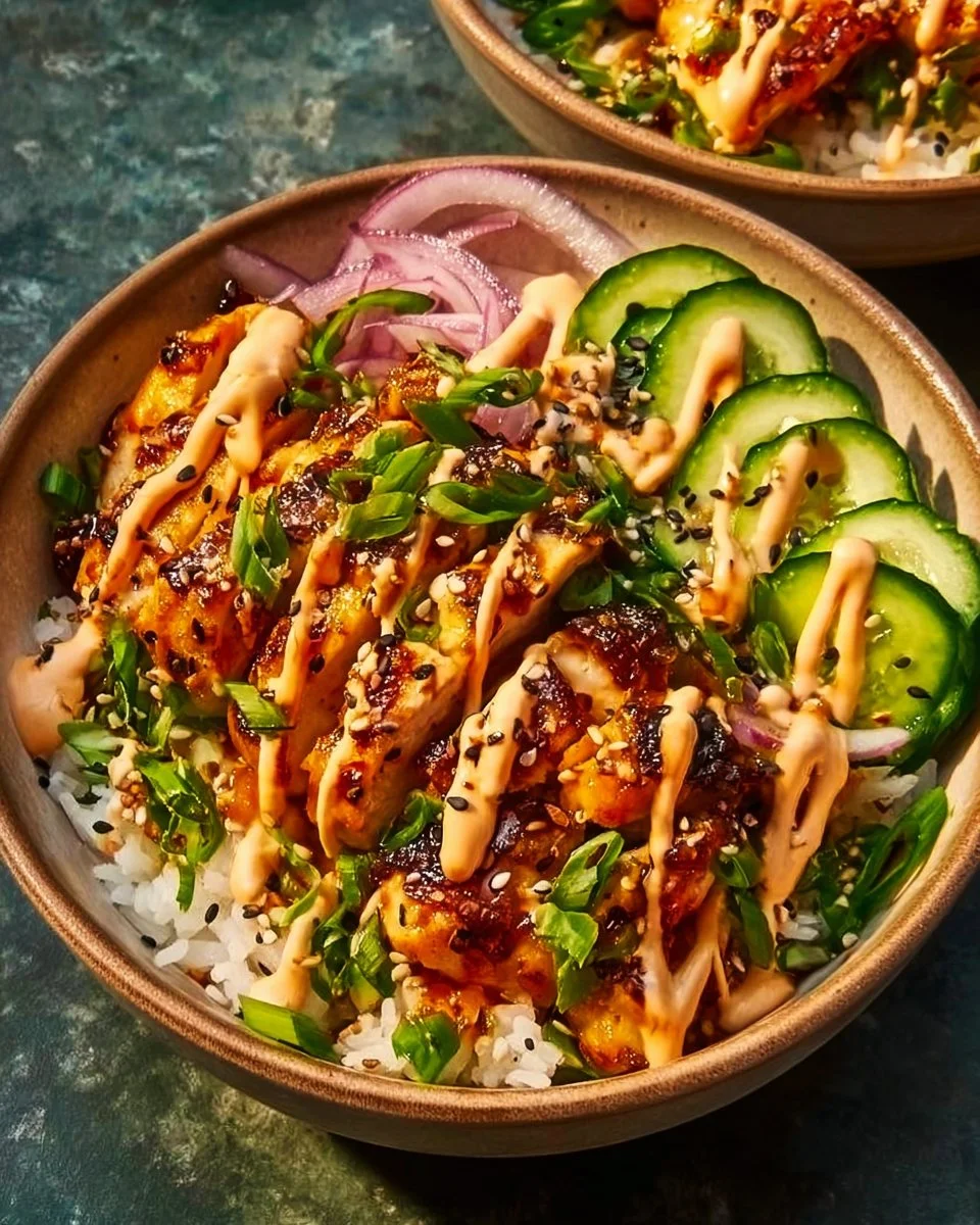 Crispy chicken with spicy sauce served over jasmine rice on a plate