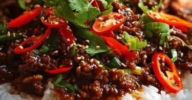 Crispy Chilli Beef served over rice with vibrant colors and textures.