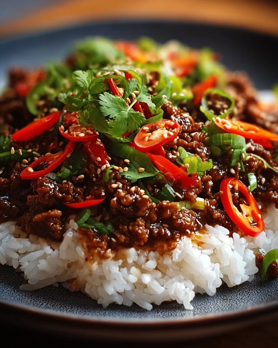 Crispy Chilli Beef served over rice with vibrant colors and textures.