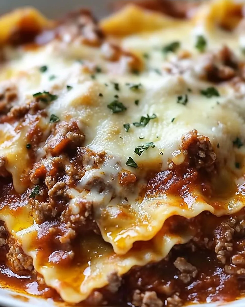Delicious Crockpot Ravioli Lasagna served in a bowl with layers of pasta and cheese.