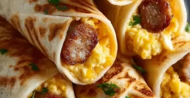 Sausage, egg, and cheese breakfast roll-ups served on a plate
