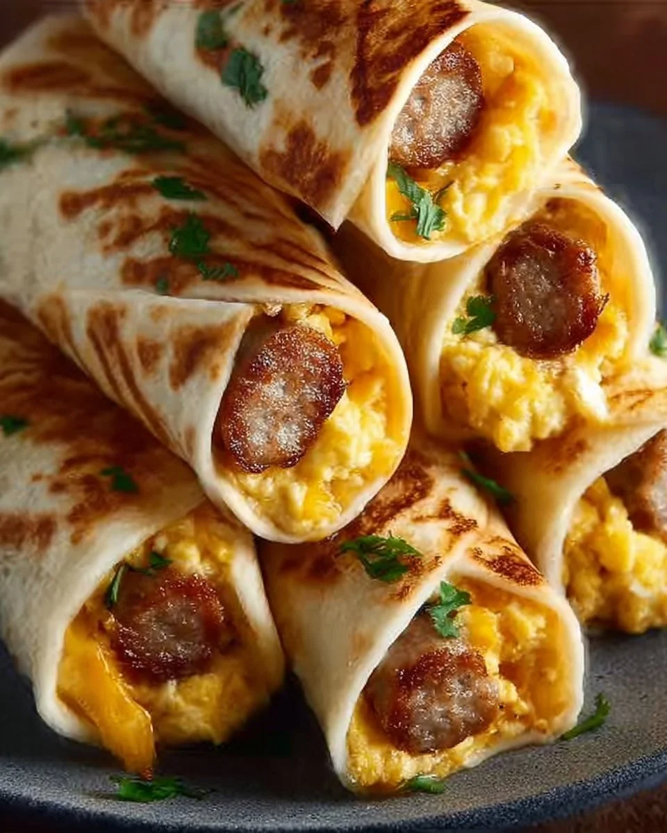 Sausage, egg, and cheese breakfast roll-ups served on a plate