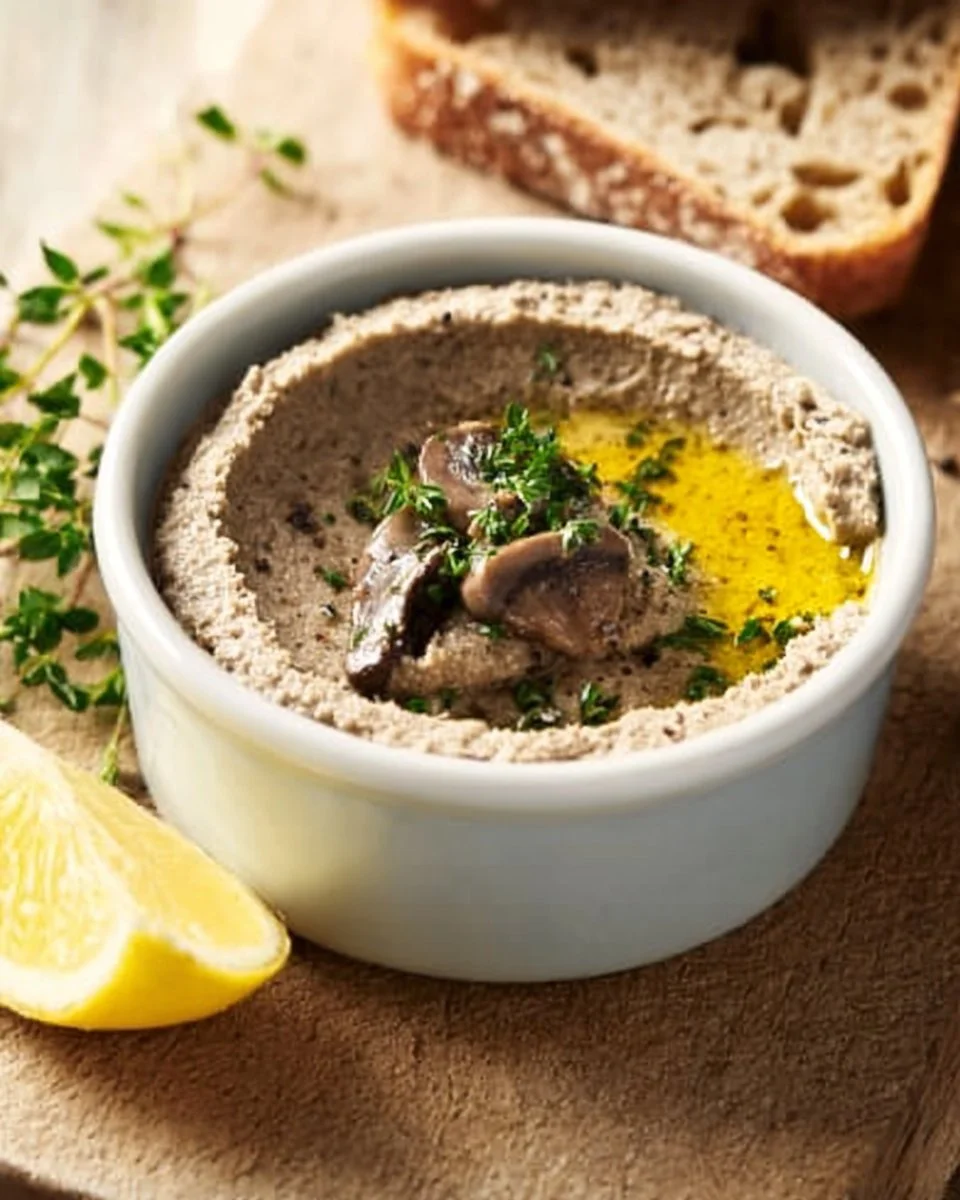 Homemade mushroom pâté served on a rustic bread with herbs and spices.