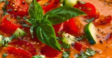 Bowl of easy vegan gazpacho with fresh vegetables and herbs.
