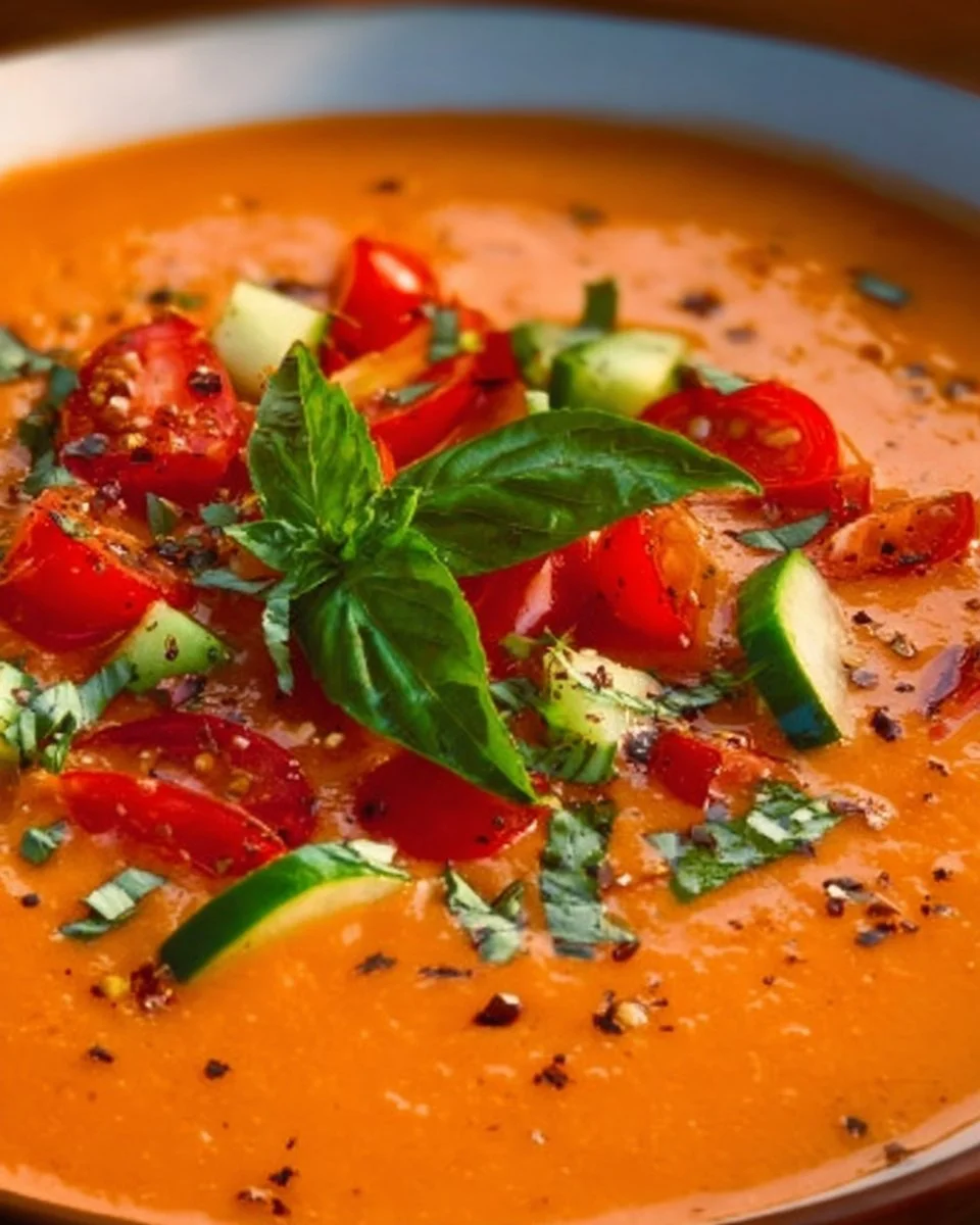 Bowl of easy vegan gazpacho with fresh vegetables and herbs.