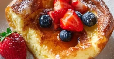 Fluffy easy German pancakes served with fruit and syrup.
