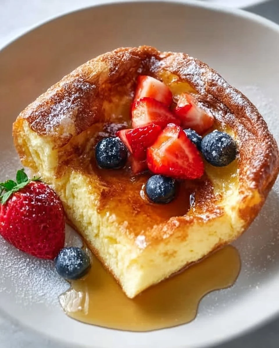 Fluffy easy German pancakes served with fruit and syrup.