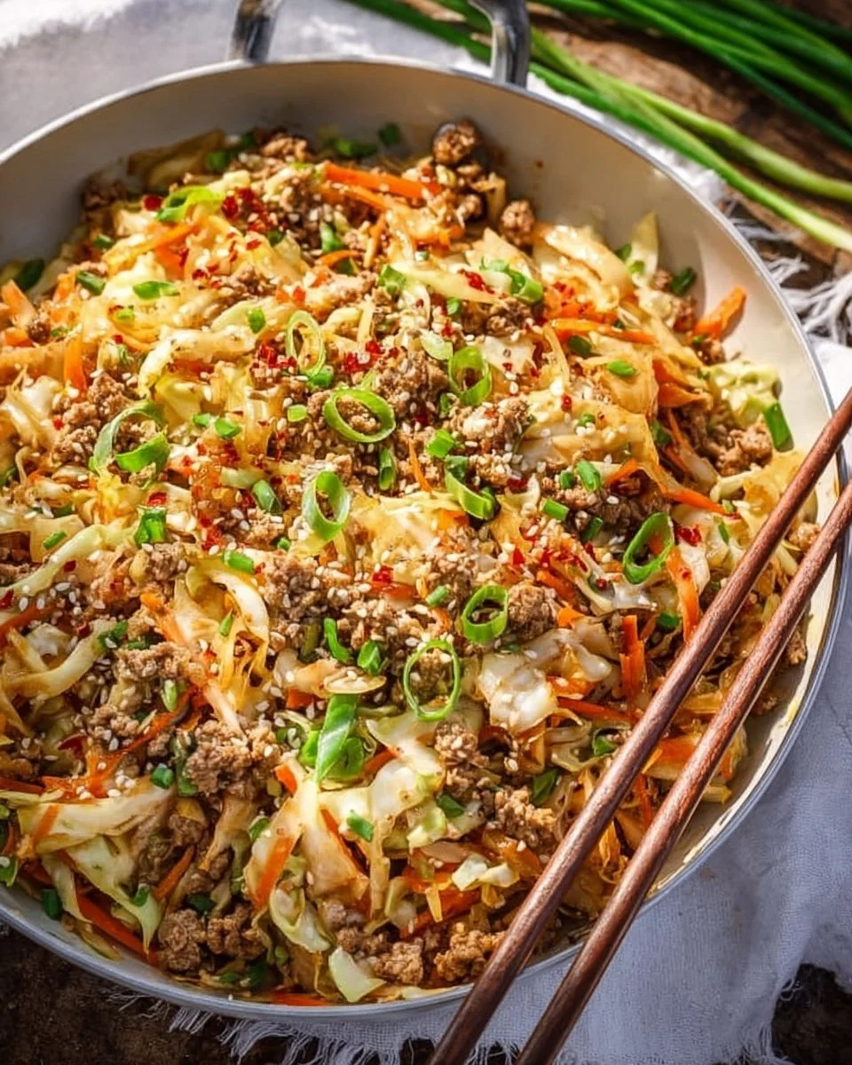 Delicious Egg Roll in a Bowl recipe with colorful vegetables and tasty seasonings