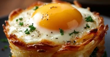 Plate of Eggs Napoleon featuring poached eggs, ham, and hollandaise sauce