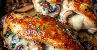Flavorful mushroom stuffed chicken breast garnished with herbs