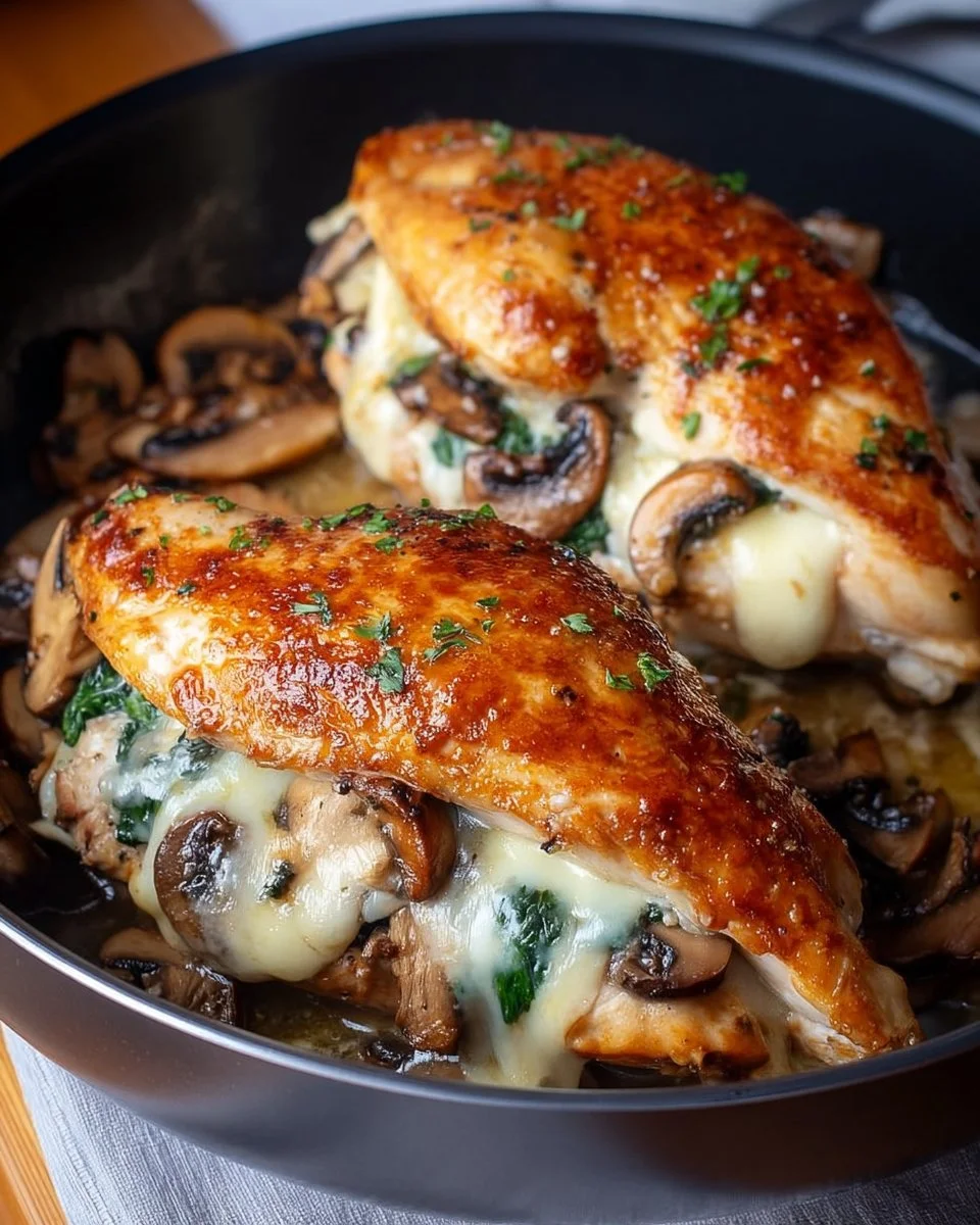 Flavorful mushroom stuffed chicken breast garnished with herbs