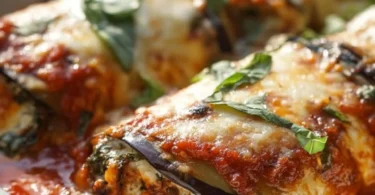 Fluffy Eggplant Rollatini Bake dish served hot with fresh herbs