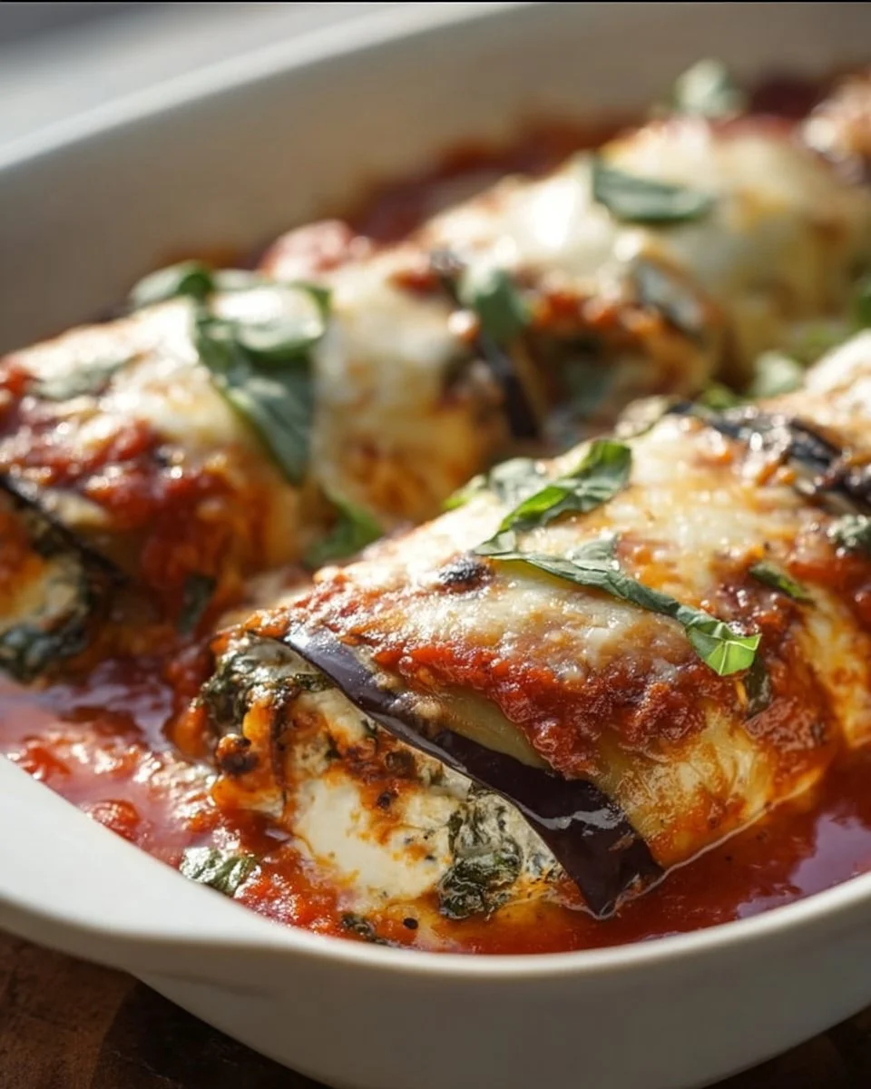 Fluffy Eggplant Rollatini Bake dish served hot with fresh herbs
