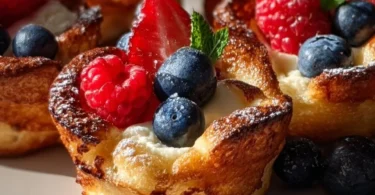 Deliciously baked French Toast Cups filled with rich flavor and topped with berries.