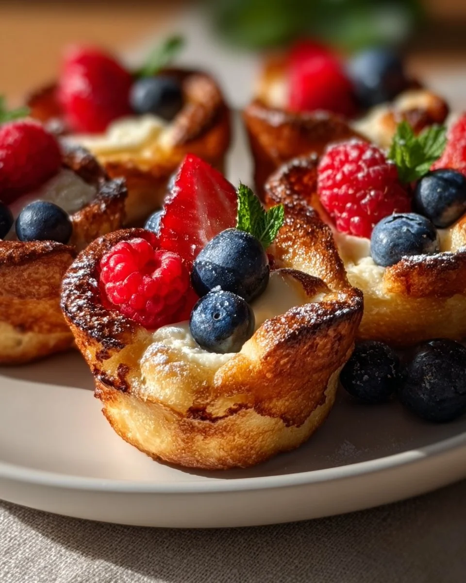Deliciously baked French Toast Cups filled with rich flavor and topped with berries.