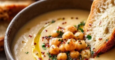 Bowl of Garlic Chickpea Soup garnished with herbs and spices