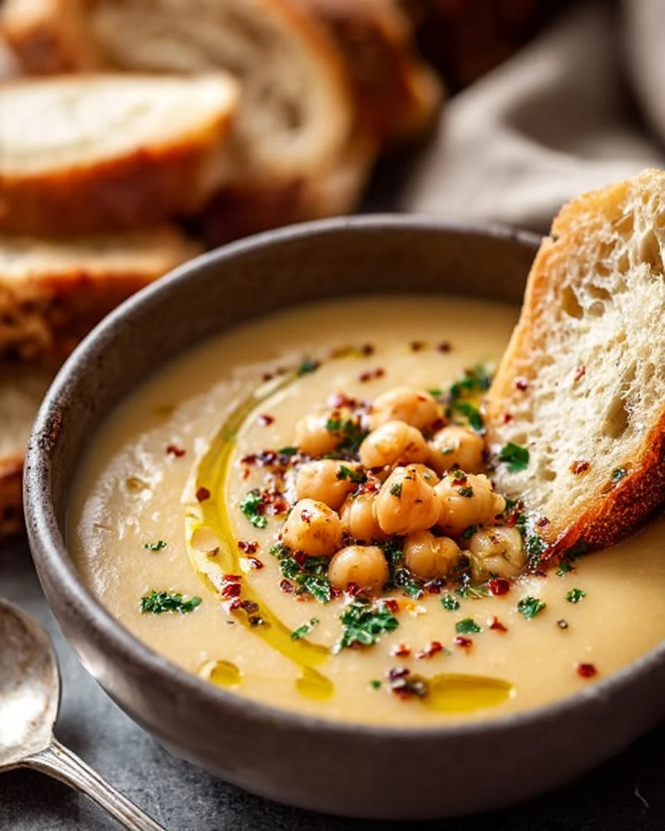 Bowl of Garlic Chickpea Soup garnished with herbs and spices