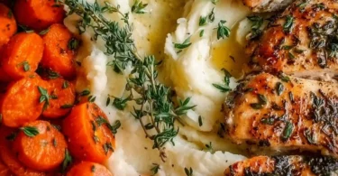 Garlic Herb Chicken with mashed potatoes and glazed carrots on a dinner plate
