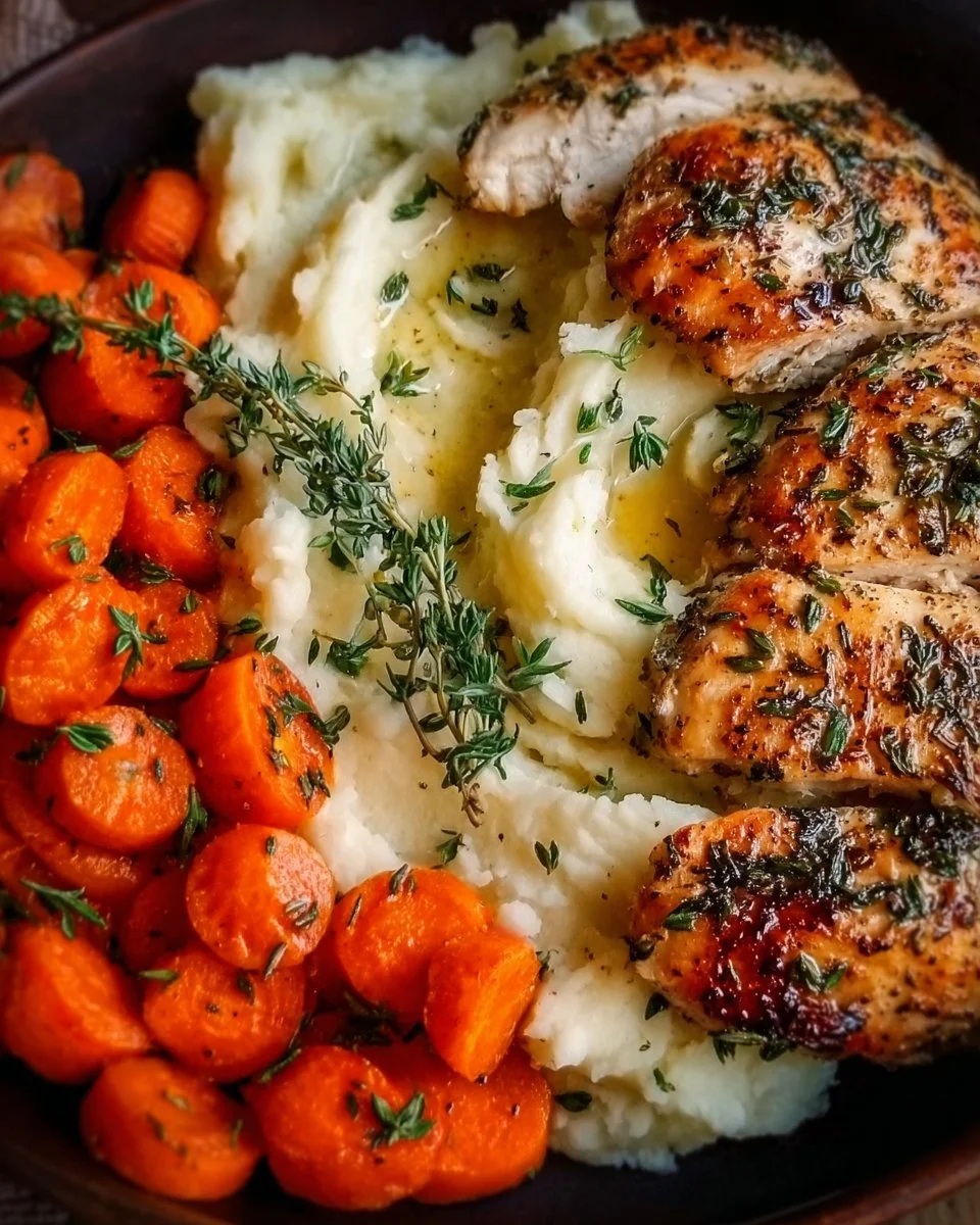Garlic Herb Chicken with mashed potatoes and glazed carrots on a dinner plate