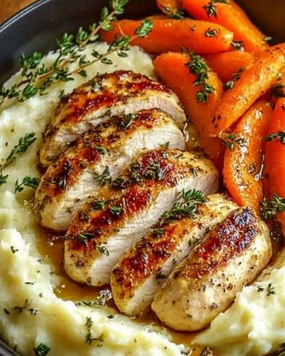Garlic Herb Chicken with Mashed Potatoes and Glazed Carrots