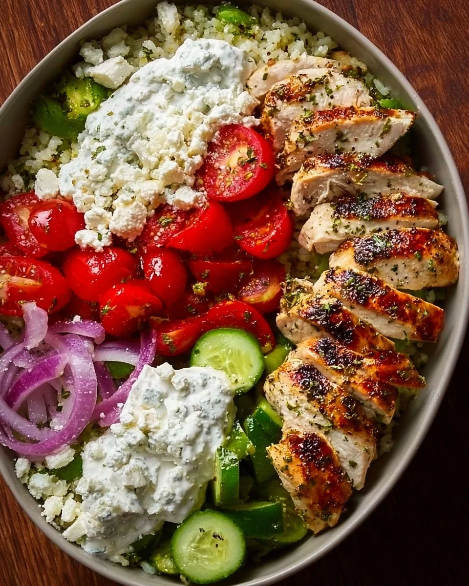Delicious Greek Chicken Bowl topped with fresh vegetables and herbs