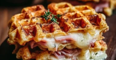 Delicious ham and cheese chaffles served on a plate with toppings
