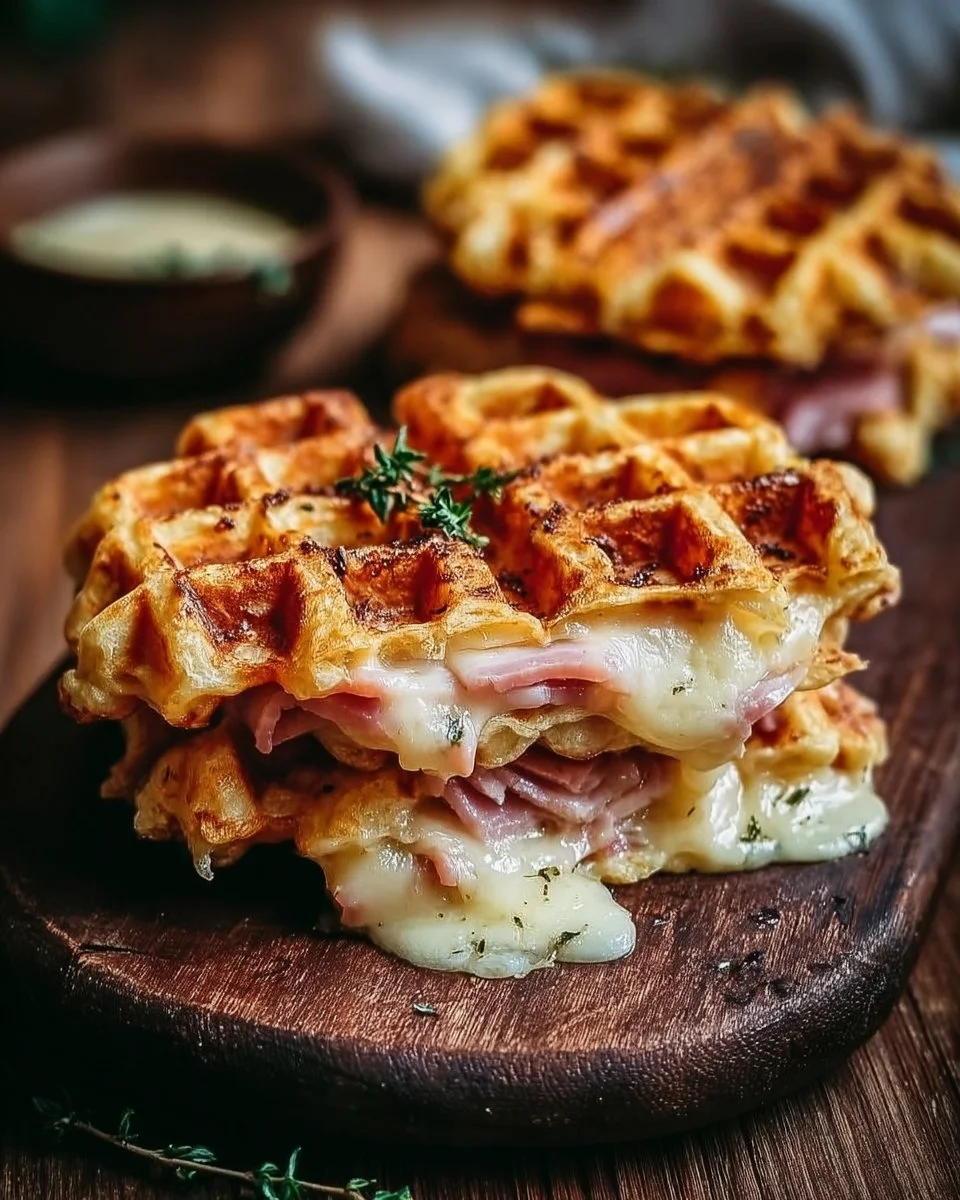 Delicious ham and cheese chaffles served on a plate with toppings
