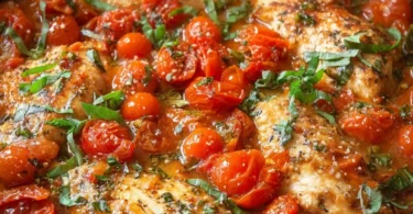 Healthy chicken pomodoro skillet with fresh tomatoes and herbs