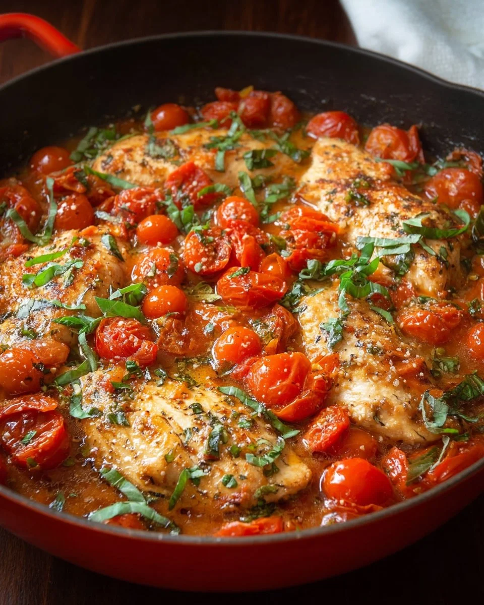 Healthy chicken pomodoro skillet with fresh tomatoes and herbs