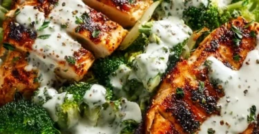 Healthy grilled chicken broccoli bowl with creamy garlic sauce