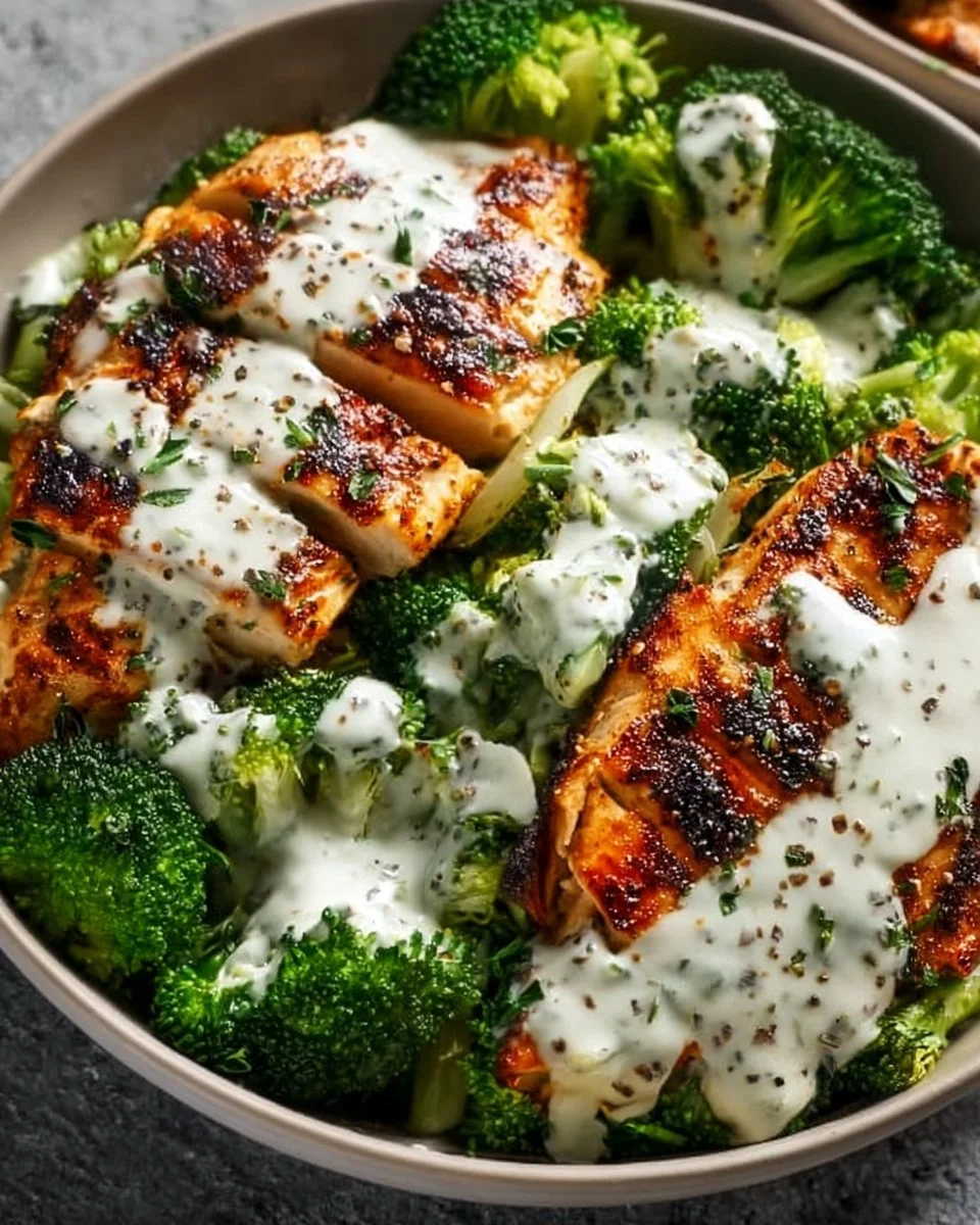 Healthy grilled chicken broccoli bowl with creamy garlic sauce