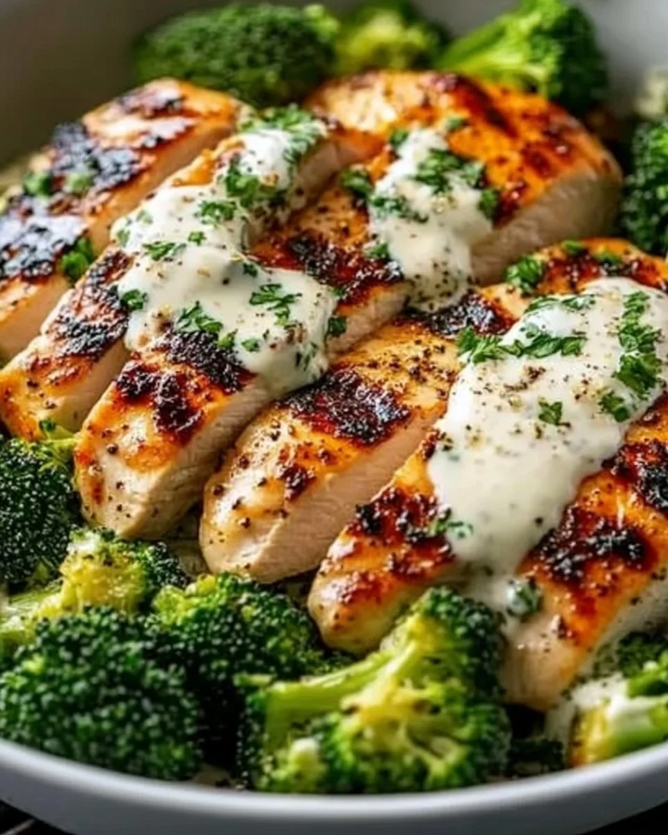 Healthy Grilled Chicken Broccoli Bowls with Creamy Garlic Sauce