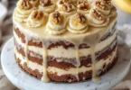 Delicious Heavenly Banana Walnut Cream Cake topped with walnuts and cream