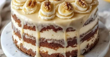Delicious Heavenly Banana Walnut Cream Cake topped with walnuts and cream