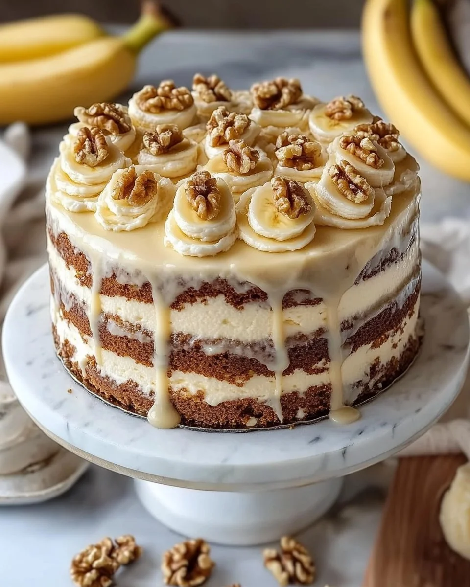 Delicious Heavenly Banana Walnut Cream Cake topped with walnuts and cream