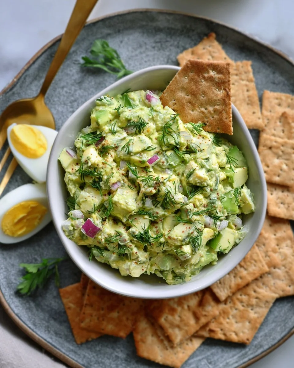 Herby avocado egg salad served in a bowl with fresh herbs and eggs.