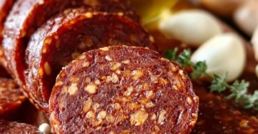 Homemade vegan salami slices on a wooden board with herbs and spices