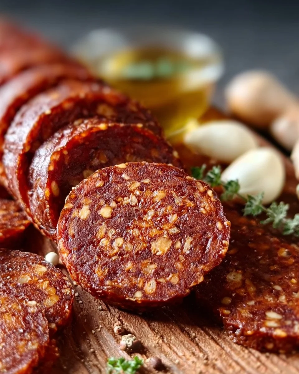 Homemade vegan salami slices on a wooden board with herbs and spices