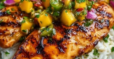 Grilled Honey Lime Chicken served with fresh Mango Salsa on a plate