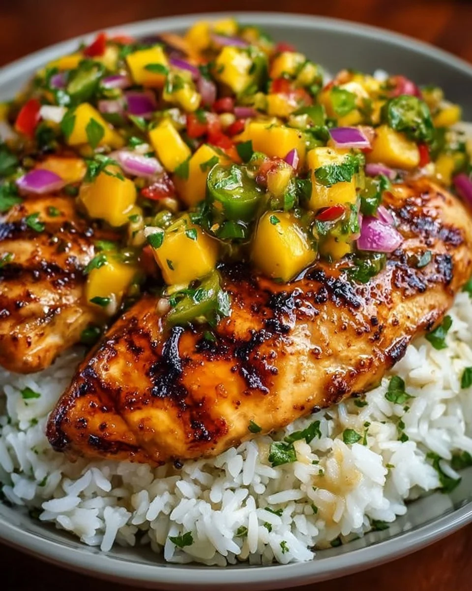 Grilled Honey Lime Chicken served with fresh Mango Salsa on a plate