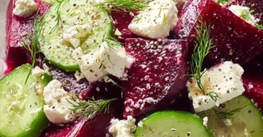 Delicious Beet Feta Salad with Cucumber and Dill on a plate