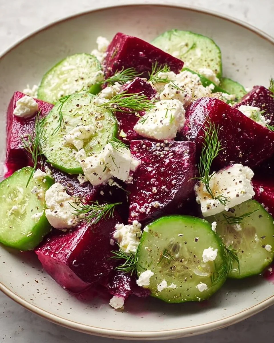 Delicious Beet Feta Salad with Cucumber and Dill on a plate