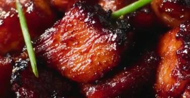 Delicious plate of Char Siu Chicken garnished with vegetables