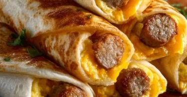 Cheesy sausage egg breakfast roll-ups served on a plate