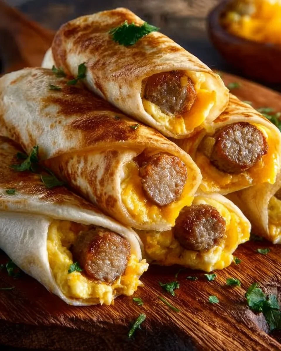 Cheesy sausage egg breakfast roll-ups served on a plate