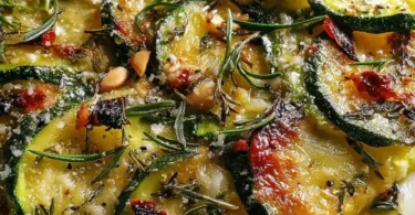 Slice of Italian zucchini cake on a plate with fresh zucchinis.