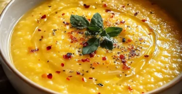 Bowl of Lebanese Lemon Lentil Soup garnished with lemon and herbs