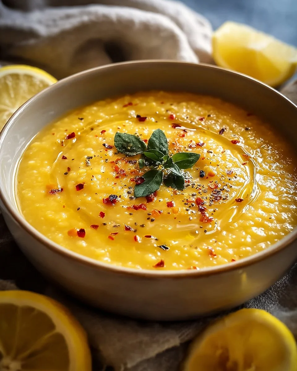 Bowl of Lebanese Lemon Lentil Soup garnished with lemon and herbs