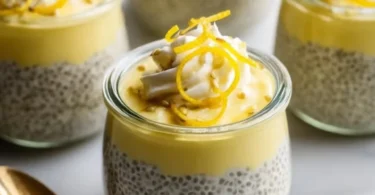Delicious homemade lemon chia pudding served in a clear glass bowl